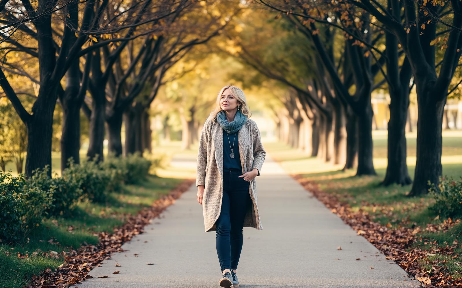 Woman walking outdoors along a tree-lined path in autumn light