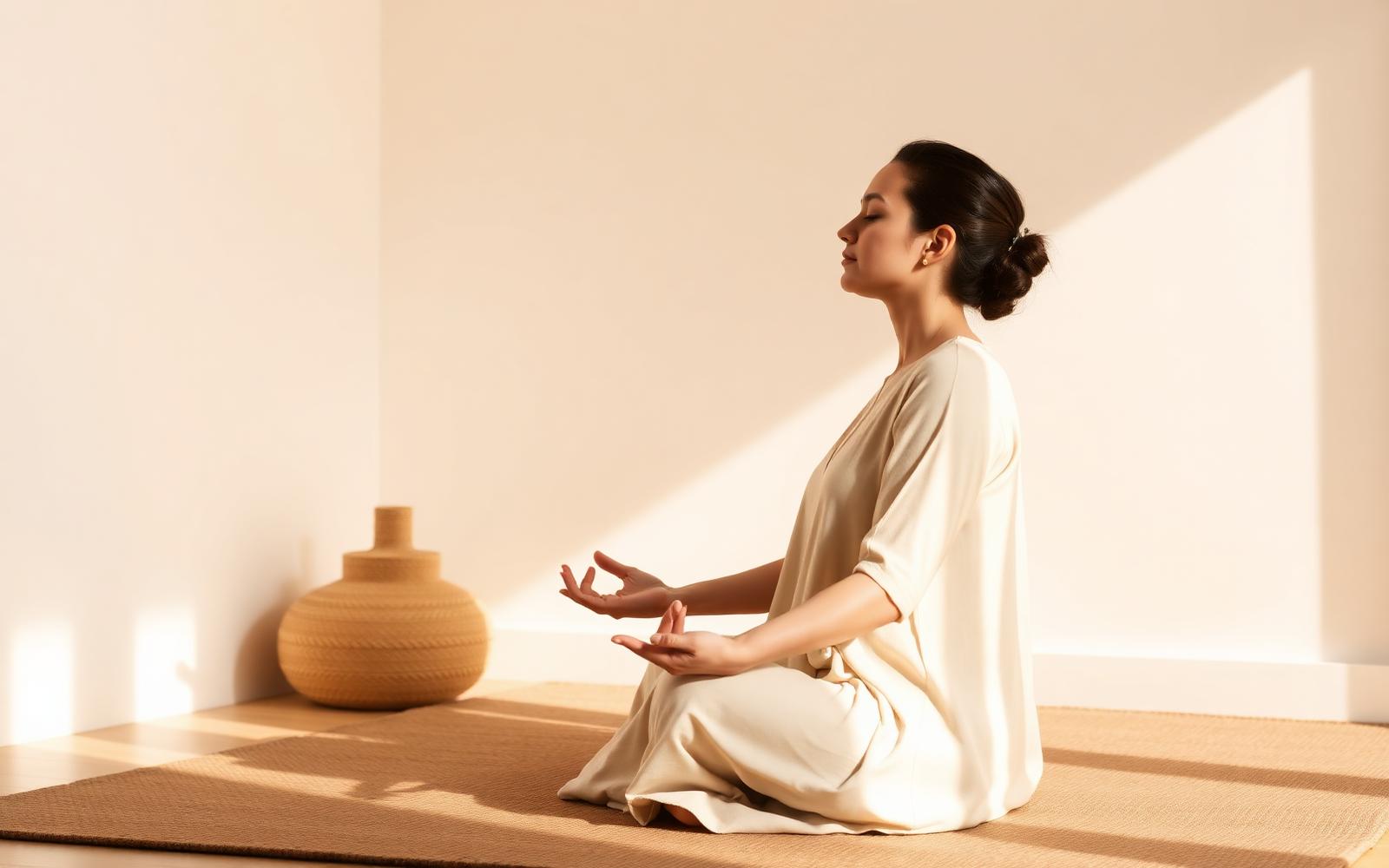 Woman meditating peacefully on a mat in a sunlit room