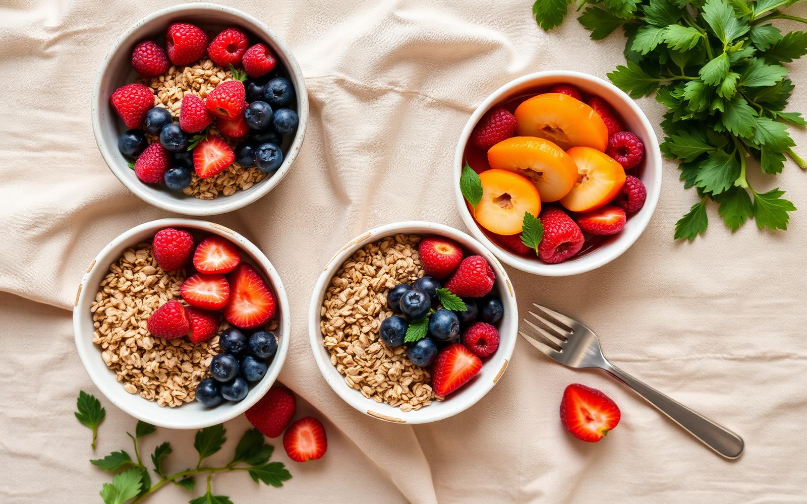 Overhead view of healthy breakfast bowls with berries and oats